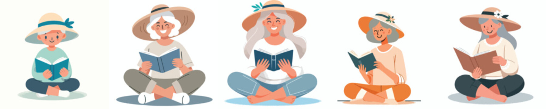 Vector illustration of a grandma sitting on the floor reading a book with summer outfit