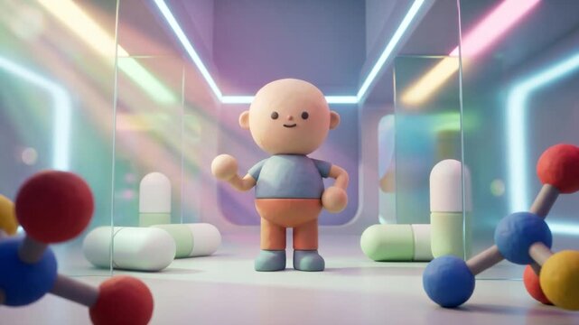 医療ラボ空間で深く悩む状態からリラックスして前を向くクレイマスコットの3D背景映像