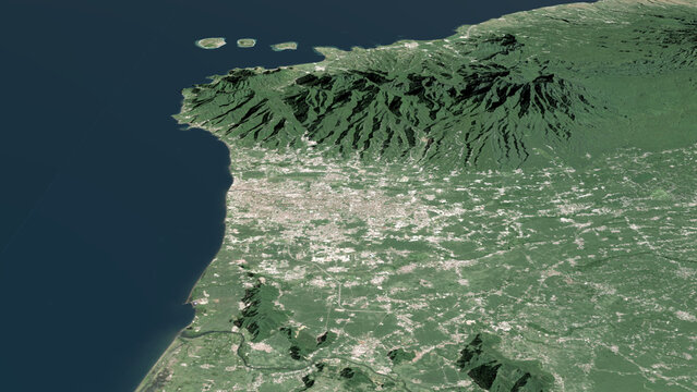 Oblique aerial 3D illustration of Mataram, Indonesia