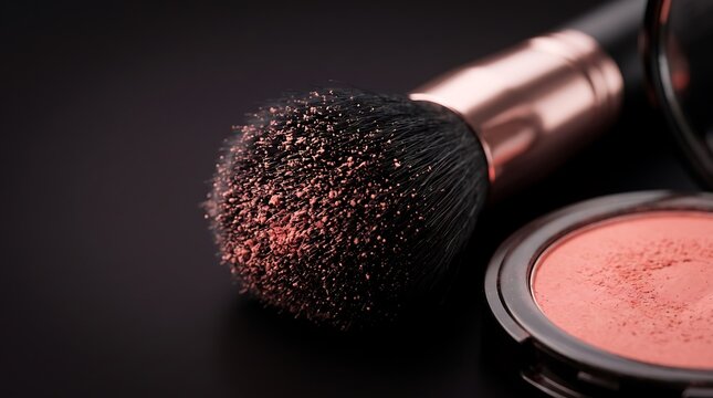 Elegant makeup brush with sparkling powder and rose blush palette
