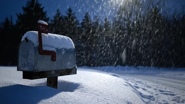 Snowy scene featuring a classic mailbox in the wintertime with falling snow and a forest backdrop