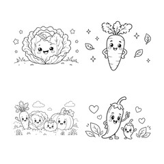 Fototapeta premium Cute Vegetable Coloring Pages for Kids – Cartoon Healthy Vegetables Black and White Line Art Collection