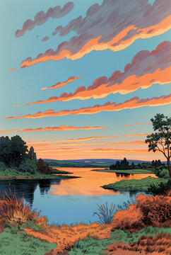 Generated comic-style north american waterfront landscape illustration.