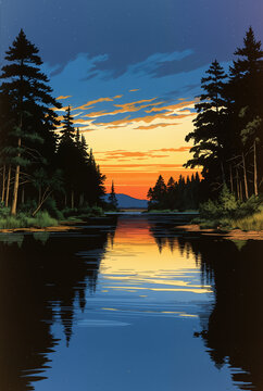 Generated comic-style north american waterfront landscape illustration.
