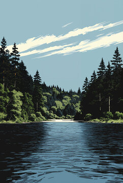 Generated comic-style north american waterfront landscape illustration.
