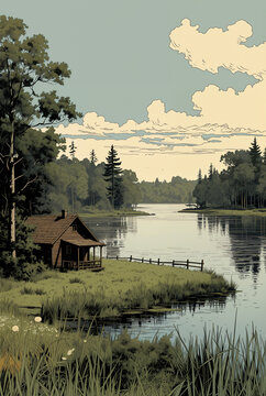Generated comic-style north american waterfront landscape illustration.