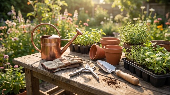 Gardening Tools, Watering Can, and Seedlings on Wooden Table