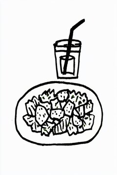 Simple salad and drink illustration in black and white.