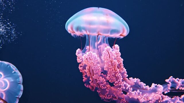 Glowing pink jellyfish in deep blue water.