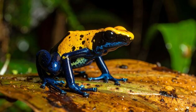 Vibrant blue and yellow poison dart frog on forest floor.