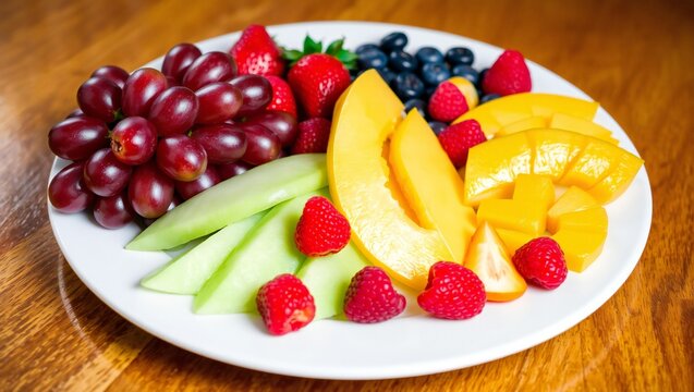 Fresh fruit platter with grapes melon berries and sliced peaches on a plate