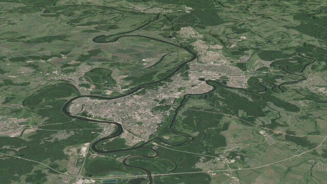 Oblique aerial 3D illustration of Ufa, Russia
