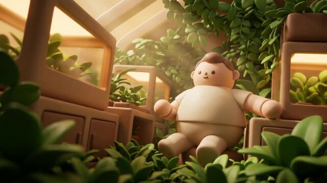 植物工場空間で重圧から解放されてリラックスするクレイマスコットの3D背景映像