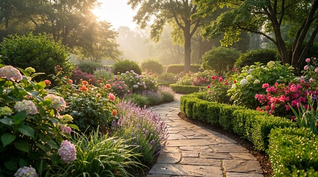 Beautiful Landscaped Garden with Stone Pathway and Shrubs