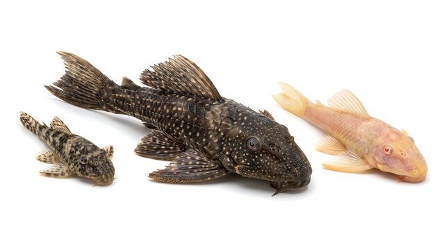 Three different plecostomus catfish isolated on a white background.