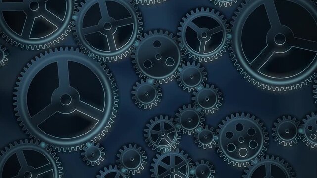 Interlocking Metal Gears Rotating Clockwork Mechanism Background Seamless Loop in cool steel tones