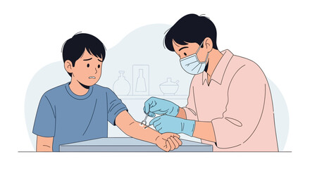 Fototapeta premium Child nervous about medical injection at clinic, doctor with mask administering vaccine