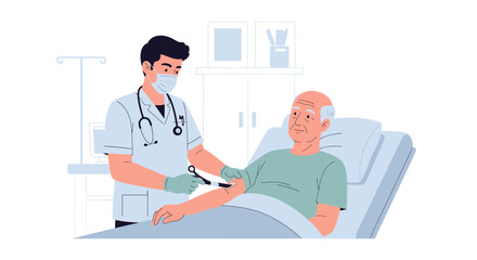 Fototapeta premium Doctor administering injection to elderly patient in hospital bed