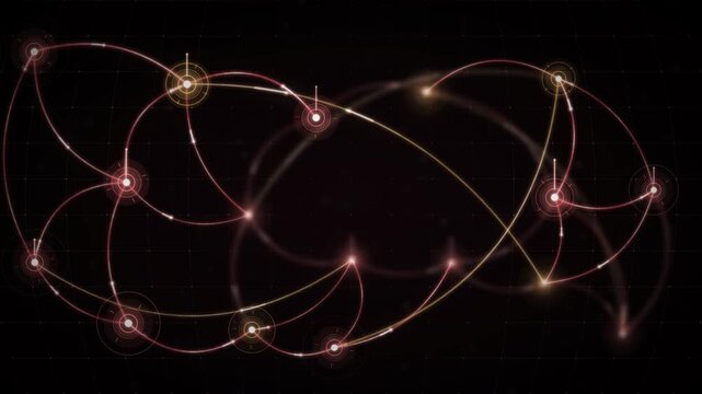 Global currency flow network with glowing value streams arcing between financial hubs seamless loop in soft black tones
