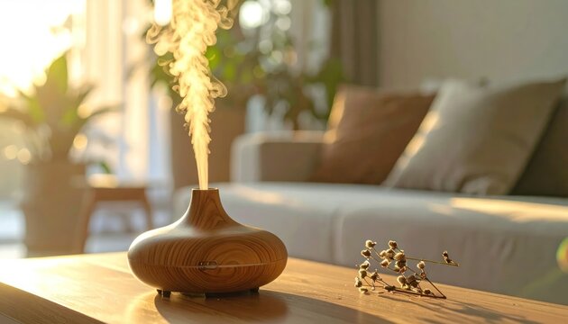 Essential oil diffuser emitting mist in cozy sunlit living room.