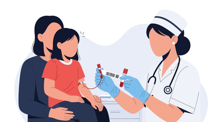 Fototapeta premium Medical Blood Test Illustration: Nurse Drawing Blood From Child Held by Parent