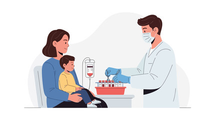 Obraz premium Medical Aid for Child Patient: Doctor Helps Mother and Son with Treatment