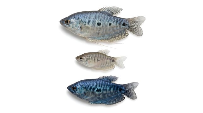 Three different gourami fish isolated on a white background for aquarium hobbyists.