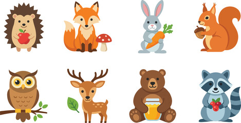 Obraz premium Cute woodland animal vector illustration set featuring forest creatures and nature elements in colorful cartoon flat style