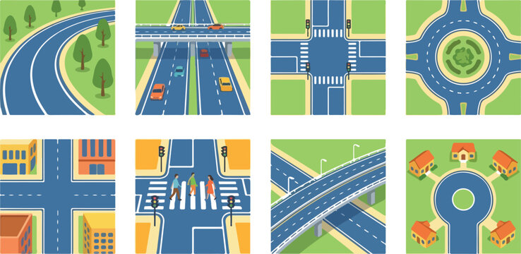 Road and intersection vector illustration set featuring highways, roundabouts, and city streets in modern flat design style