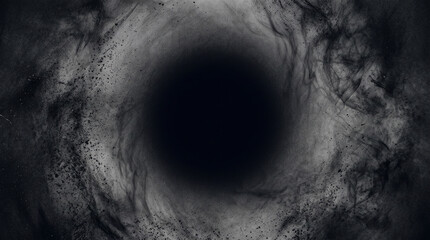 Abstract black hole background with swirling dark powder, dust, and smoke around a central circular void, dark textured portal © LENSORIA