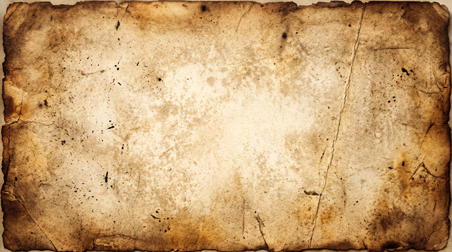 Old vintage paper background with rough edges and grunge texture, antique parchment paper with stains and creases for creative design projects