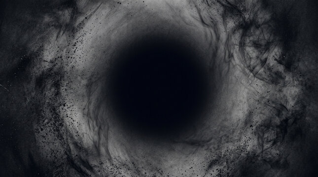 Abstract black hole background with swirling dark powder, dust, and smoke around a central circular void, dark textured portal