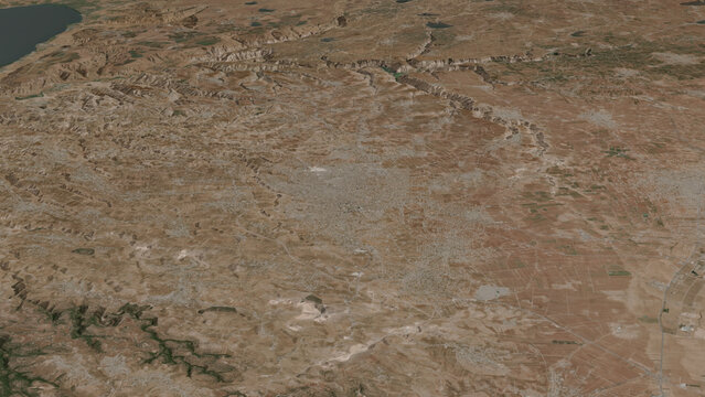 Oblique aerial 3D illustration of Irbid, Jordan