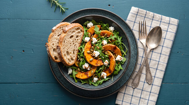 Roasted pumpkin salad with arugula, feta cheese, pumpkin seeds and sourdough bread on a dark blue wooden background, top view