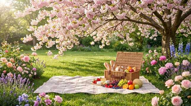 Picnic Blanket and Wicker Basket with Fruits and Bread in Spring Garden