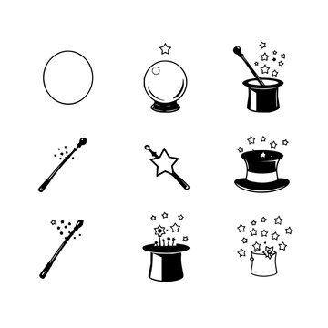 Magical objects set with 9 black and white vector illustrations arranged in a 3x3 grid featuring wands, stars, and top hats with stars bursting out with crystal balls and wonder