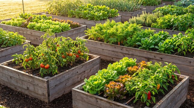 Organic Vegetable Garden with Raised Wooden Beds and Irrigation