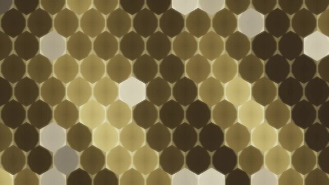 Glowing hexagonal tech grid pulsing honeycomb energy cells seamless loop in rich gold tones