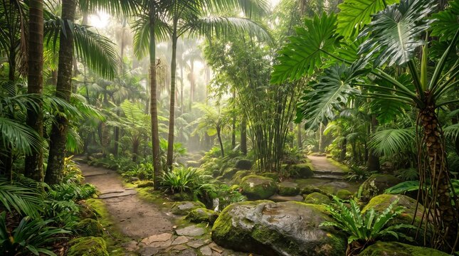 Lush Rainforest Garden Pathway with Palm Trees and Mossy Rocks
