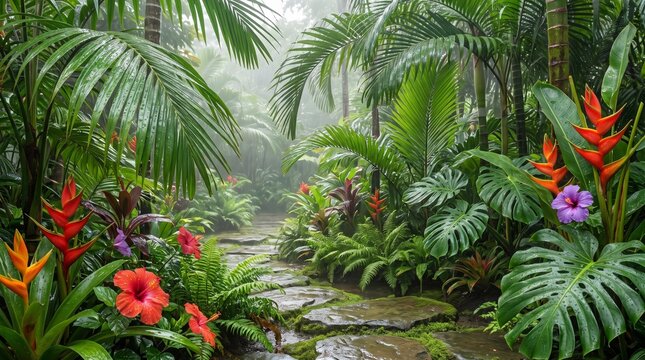 Tropical Garden Pathway after Rain with Wet Stone Steps and Lush Foliage