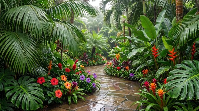 Misty Tropical Garden Pathway after Rain with Palm Trees and Flowers