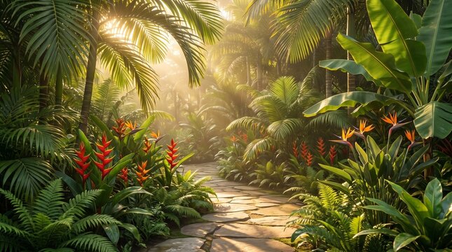 Tropical Garden Pathway with Palm Trees and Sun Rays