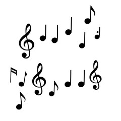 Fototapeta premium Musical notation set with two rows of black and white vector symbols against a plain white background featuring treble clefs, quarter notes, eighth notes with sharp lines and solid black fills