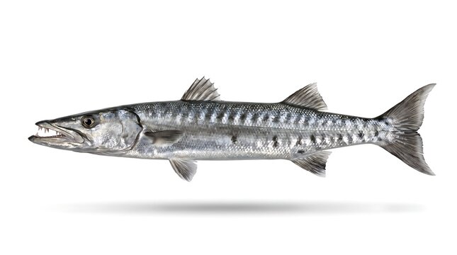 A single barracuda fish isolated on a white background with a drop shadow.