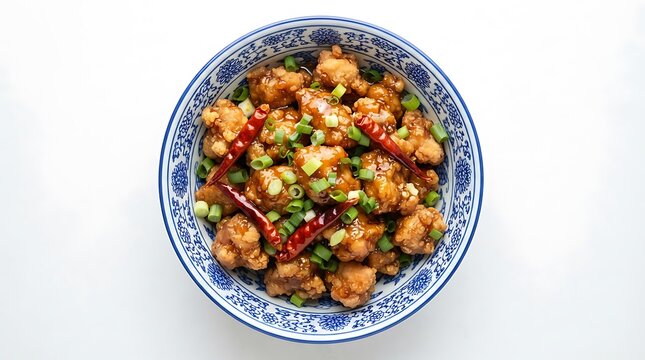 General Tso chicken in a bowl. Traditional spicy Asian fried chicken dish with chili peppers.