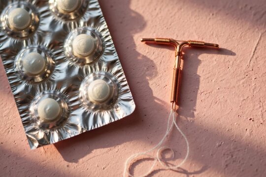 Close-up of Birth Control Pills and IUD on Pink Textured Surface.