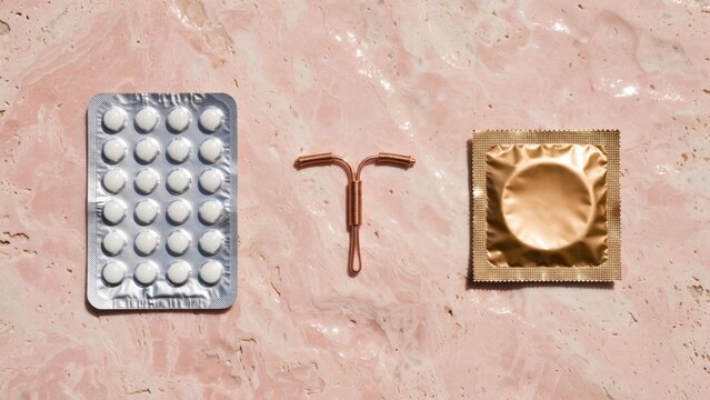 Contraceptive Methods - Birth Control Pills, IUD, and Condom Displayed.