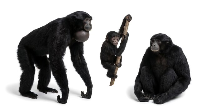 A family of siamang gibbons including an adult and a young baby isolated on white background.