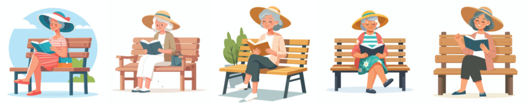 Vector illustration of a grandma sitting on a park bench reading a book in the summer