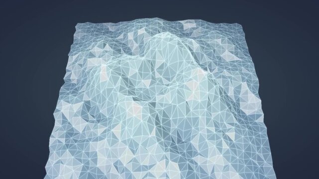 Rotating Low Poly Crystalline Terrain Mesh With Glowing Wireframe Edges Abstract Background Seamless Loop in soft ice tones